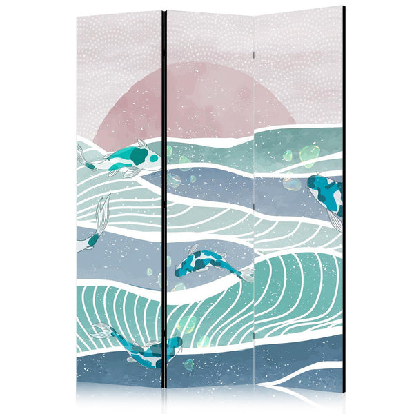 Paravento - Picturesque Landscape With Fish - Sunset And Koi Fish in Shades of Turquoise And Blue Floating Above The Water