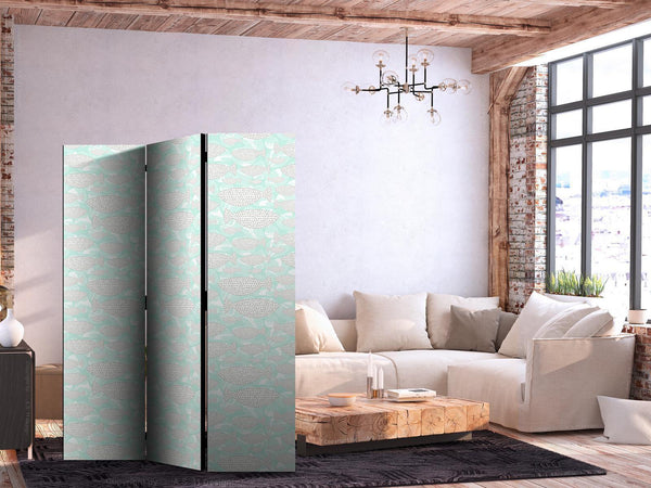 Paravento - Minimalist Fish - Fish of Grey Dots on a Crystal Clear Water Surface in Mint Green Colors