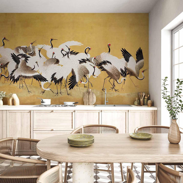 Carta da parati - Japanese cranes - a flock of birds against a golden background based on a painting by Ishida Yūtei