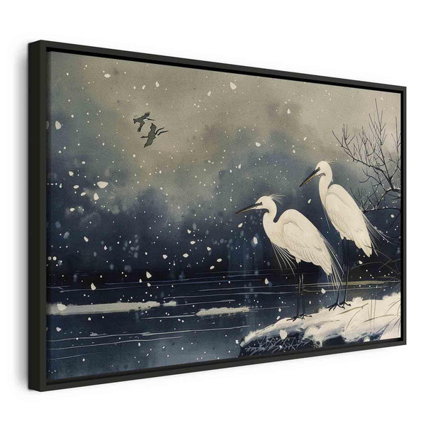 Quadro - Herons over a winter pond - Japanese-style illustration in dark colours