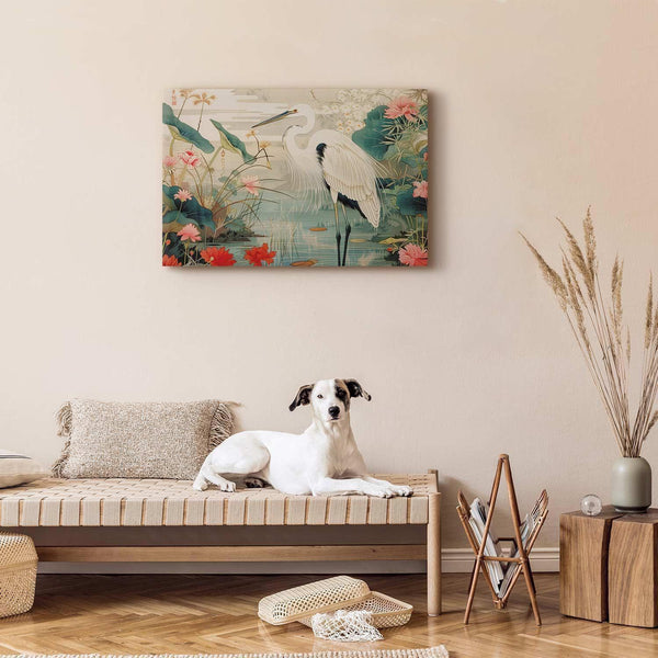 Quadro - By an Asian pond - an illustration in the style of a Japanese engraving, depicting a heron