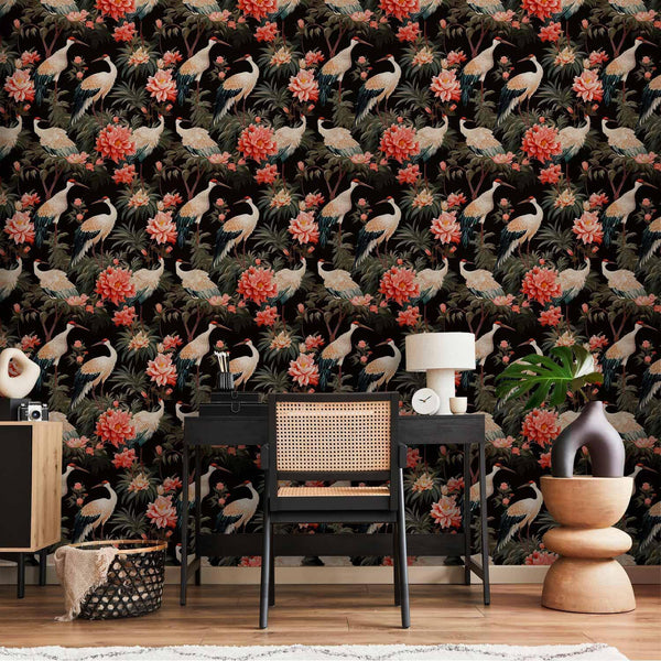 Tappezzeria murale - Ornament with birds - silhouettes of cranes and peony flowers on a dark background