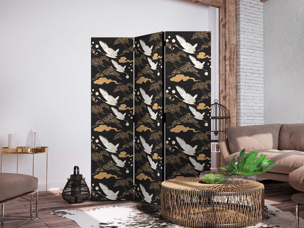 Paravento - Oriental impressions - decorative pattern with a motif of flying cranes on a dark background