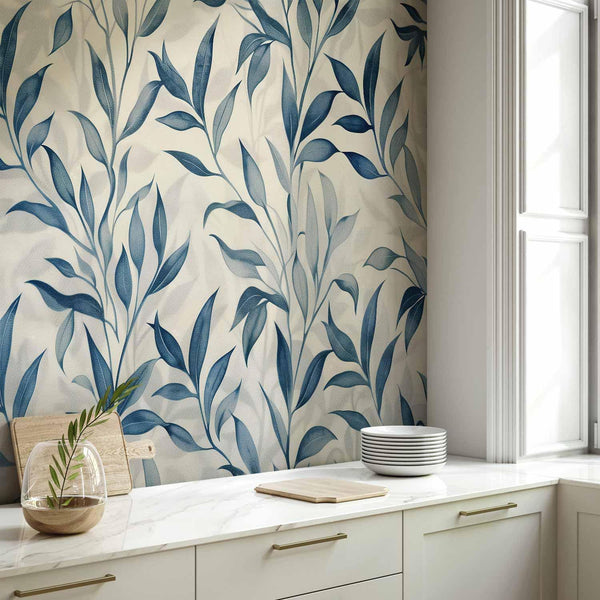 Carta da parati - Leaves in Blue Colors Delicate Botanical Motif