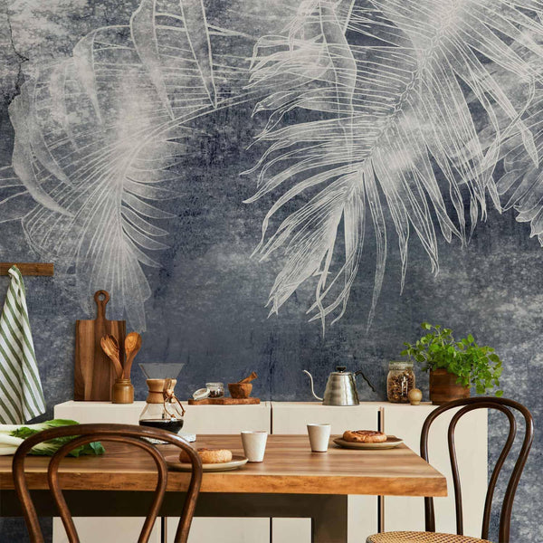 Carta da parati - Abstraction with nature - exotic leaves on a blue background with pattern