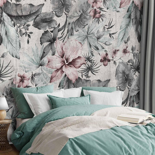 Carta da parati - Nature in retro style - landscape with leaves and flowers in grey tones