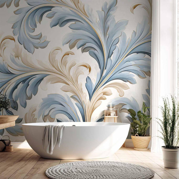 Carta da parati - Baroque Ornaments in Light Cream-Blue Hues