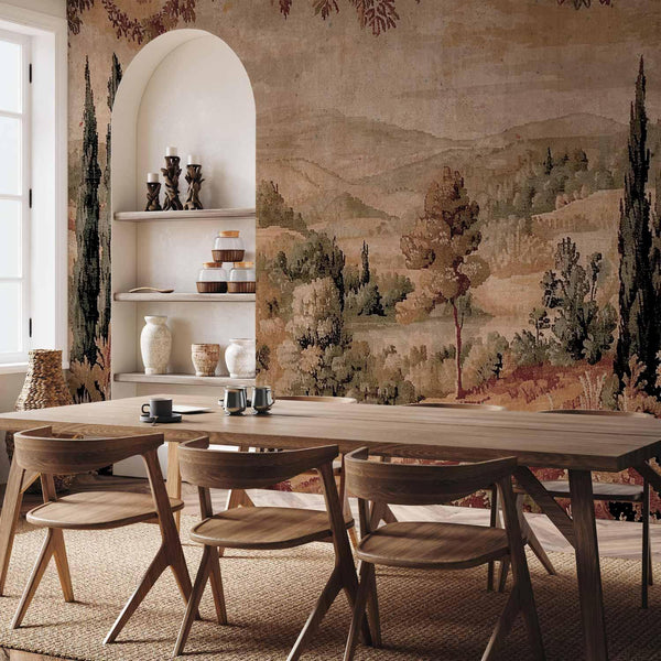 Carta da parati - Mediterranean landscape - old tapestry with a hill and a lake