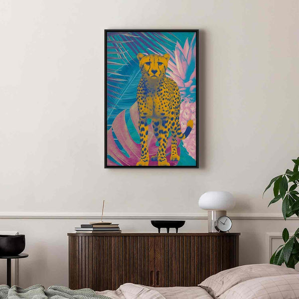 Quadro - Exotic Leopard - Colorful Portrait of a Cheetah Against Tropical Leaves