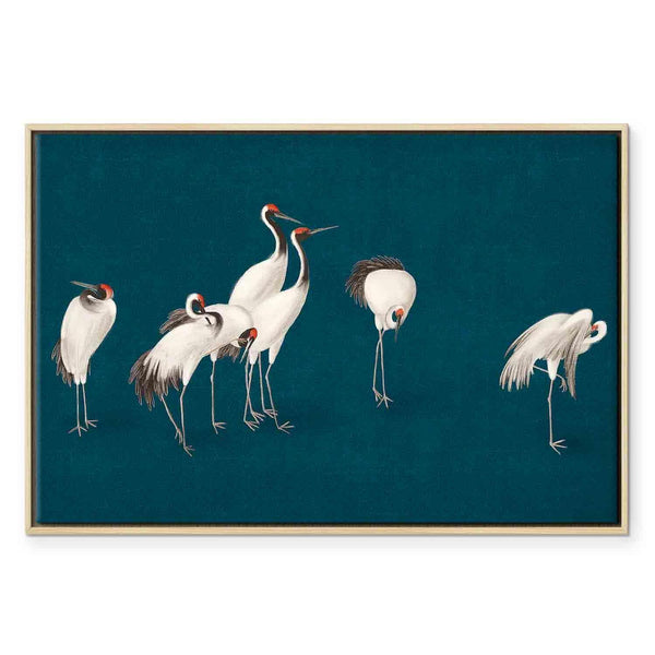 Quadro - Evening by the pond - a group of cranes drawn in dry pastel on a dark turquoise background