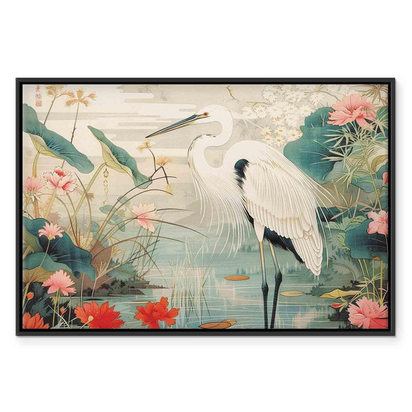 Quadro - By an Asian pond - an illustration in the style of a Japanese engraving, depicting a heron