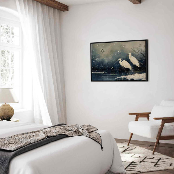 Quadro - Herons over a winter pond - Japanese-style illustration in dark colours