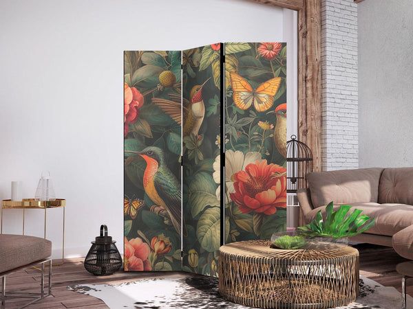 Paravento - In the Botanical Garden - Flowers Birds and Butterflies - Colorful Illustration