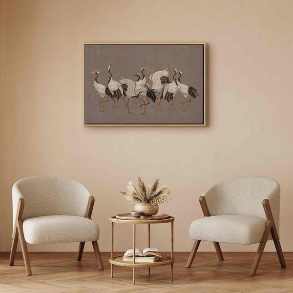 Quadro - Crane dance – bright silhouettes of birds against a warm grey background with texture