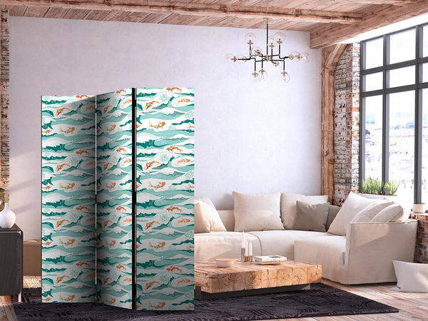 Paravento - Fish Leaping Above the Waves - Oriental Fish and Water Lilies Among High Waves in Sea Green Colors