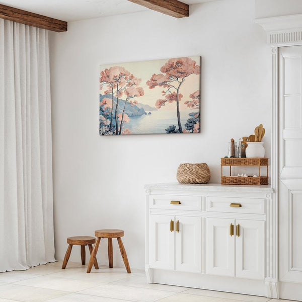 Quadro - Landscape with the Ocean Cliffs and Trees in Delicate Pink Shades