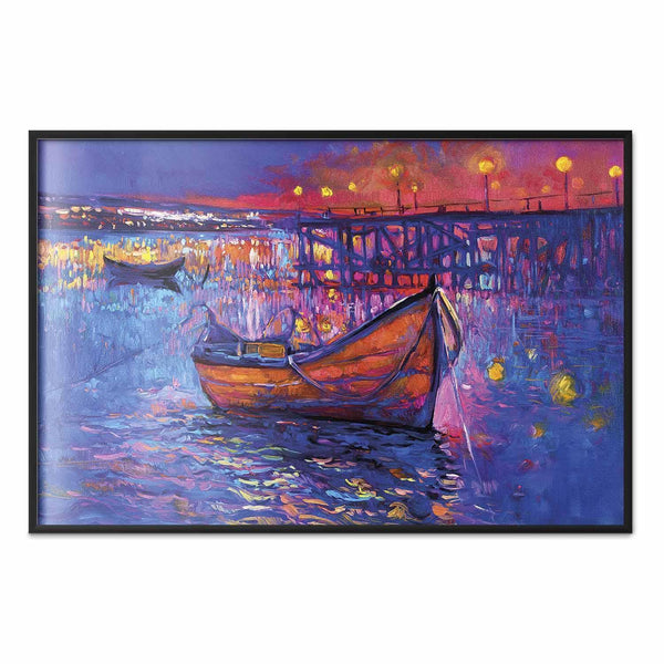 Poster - Modern impressionism - night landscape of a lake with a floating boat