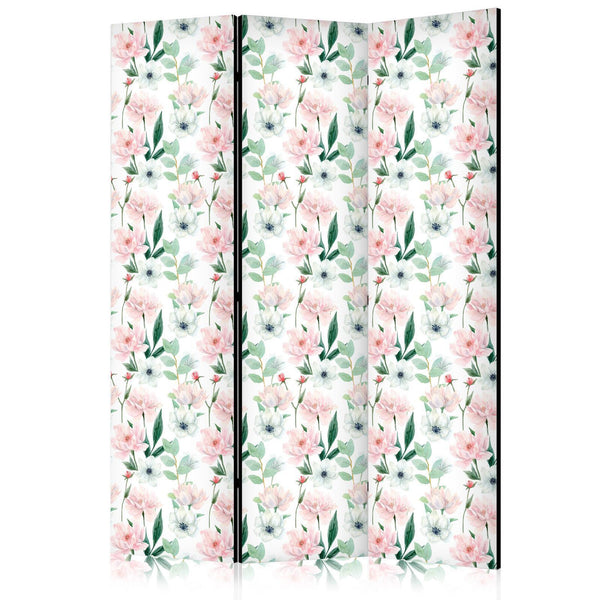 Paravento - Peonies - Pink and White Flowers and Green Leaves on a White Background