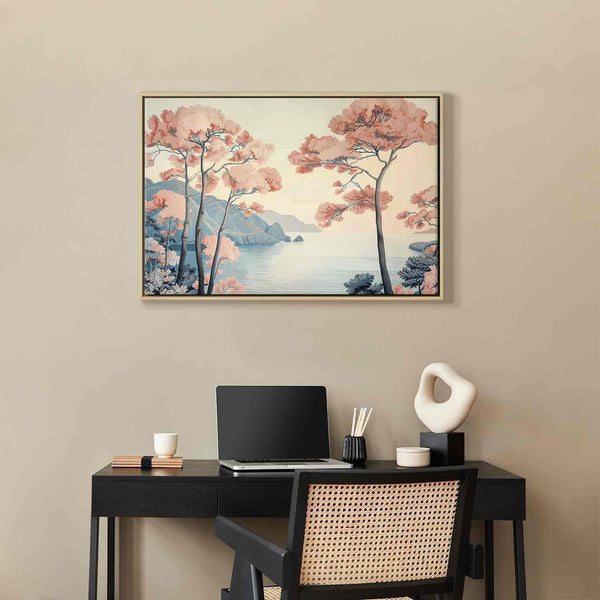 Quadro - Landscape with the Ocean Cliffs and Trees in Delicate Pink Shades