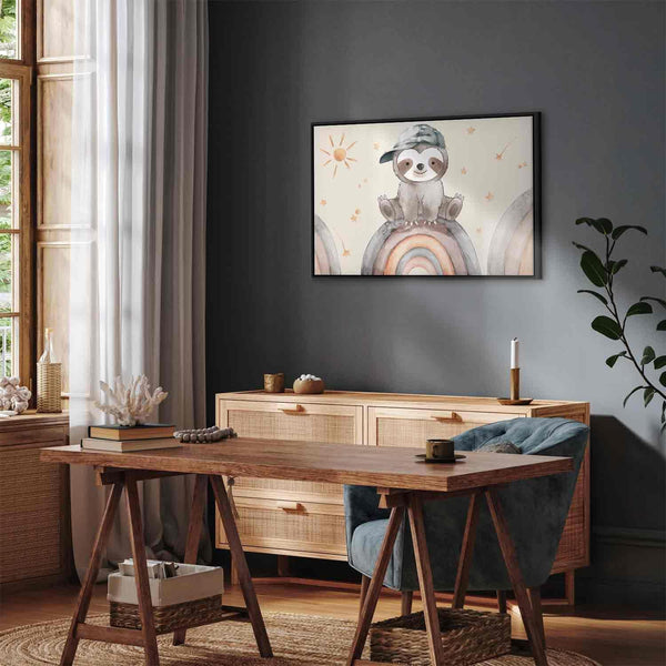 Quadro - Happy Sloth - Sloth in Subdued Colors Wearing a Cap Sitting on a Rainbow Among Little Stars