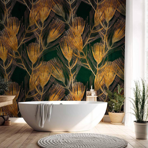 Carta da parati - Golden peacock feathers - solid background with bird pattern on green background