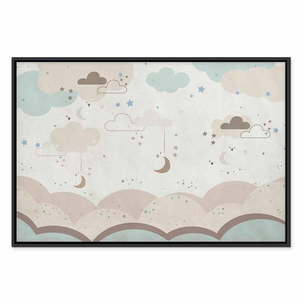 Quadro - Cloudy Night Sky - Moons in Brown and Beige Hues Among Clouds and Numerous Little Stars on a Light Background