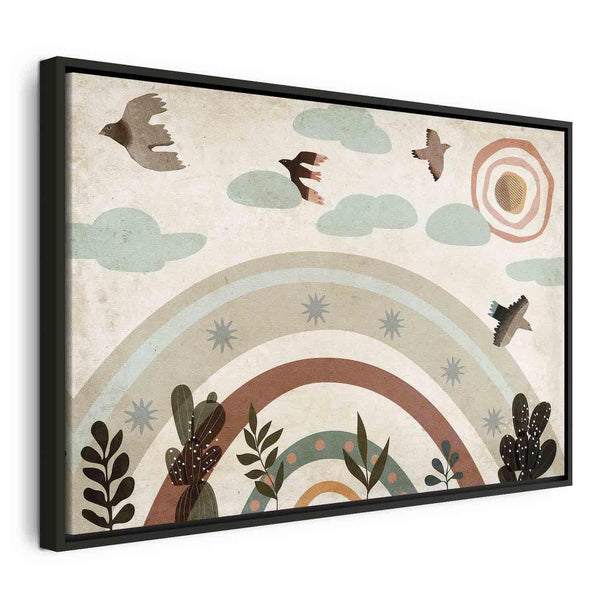 Quadro - Rainbow and Sun Above - Birds in Subdued Colors Flying Among Clouds Above a Rainbow and Various Plants on a Light Background