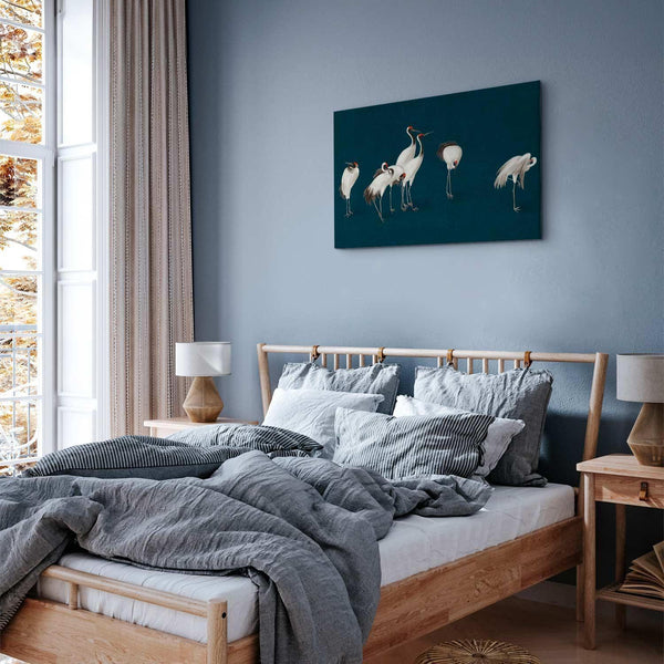 Quadro - Evening by the pond - a group of cranes drawn in dry pastel on a dark turquoise background