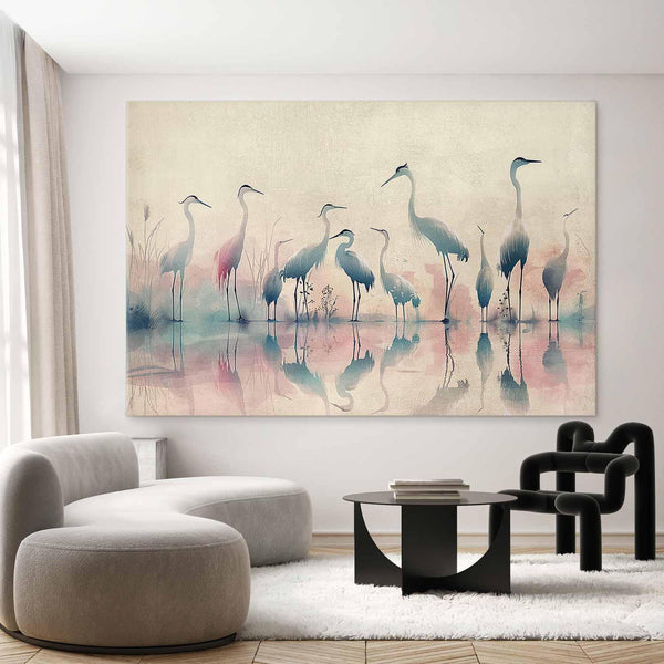 Quadro XXL - Birds by the lake - herons painted in watercolour in delicate grey and pink colours