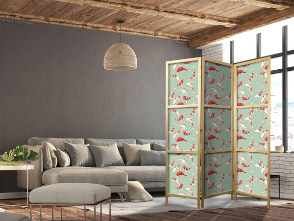 Paravento giapponese - Fish and Japanese Pattern - Koi Fish in Orange-Cream Colors on a Green-Mint Background with an Oriental Pattern