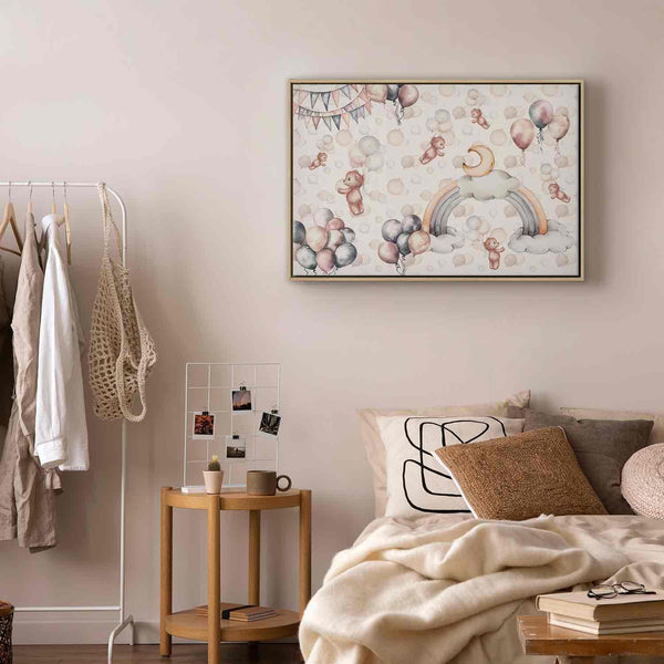 Quadro - Toy Bears with Balloons - Flying Plush Bears Among Balloons Clouds and Rainbows in Subtle Pastel Hues