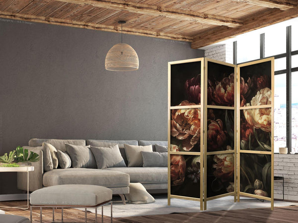 Paravento giapponese - Magnificent Tulips - Bouquet of Flowers in Red and White on a Black Background