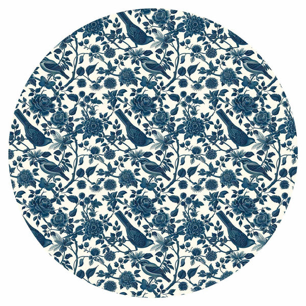 Carta da parati rotonda - Birds and roses - monochrome blue pattern with botanical motif