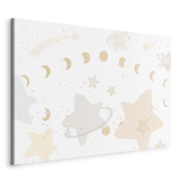 Quadro - Fairy-Tale Galaxy - Phases of the Moon in Yellow Tones Among Stars in Beige and Ash Colors with Stardust