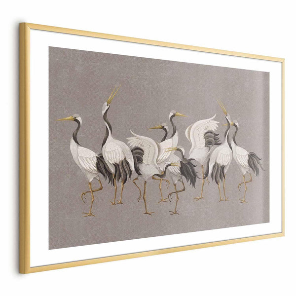 Poster - Crane Dance - light bird silhouettes on a warm-gray textured background