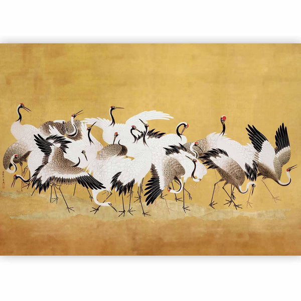 Carta da parati - Japanese cranes - a flock of birds against a golden background based on a painting by Ishida Yūtei