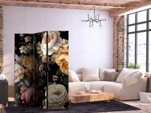 Paravento - Floristry in Vintage Style - a Plethora of Colorful Flowers on a Black Background