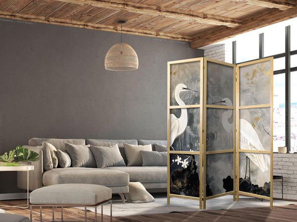 Paravento giapponese - Herons and cherry blossoms - oriental-style illustration depicting birds