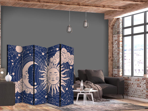 Paravento - Cosmic Harmony - Illustration of the Sun and Moon on a Navy Background