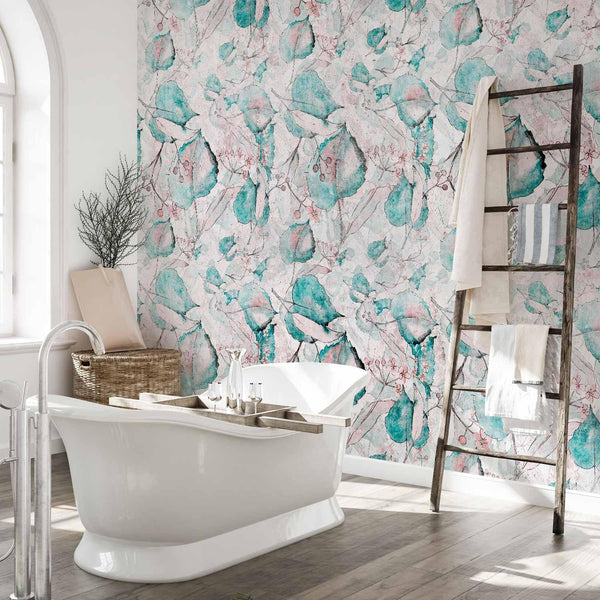 Carta da parati - Autumn souvenirs - floral pattern with turquoise leaves
