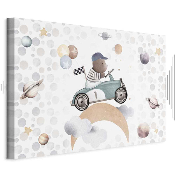 Quadro - Galactic Races - A Bear Participating in Car Races Among Planets Clouds and Stars in Pastel Hues