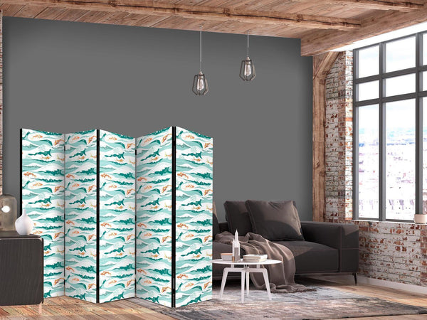 Paravento - Fish Jumping Above The Waves - Oriental Fish And Water Lilies Among High Waves in Shades of Sea Green