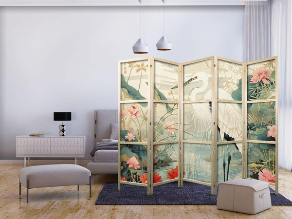 Paravento giapponese - By an Asian pond - an illustration in the style of a Japanese engraving, depicting a heron