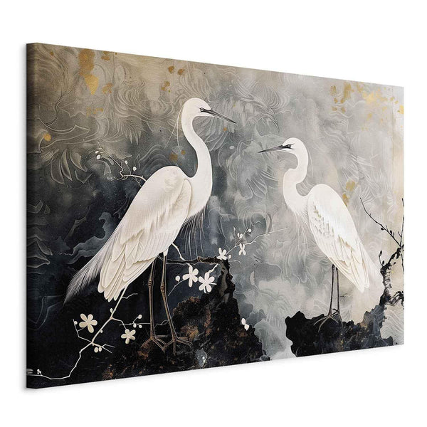 Quadro XXL - Herons and cherry blossoms - oriental-style illustration depicting birds