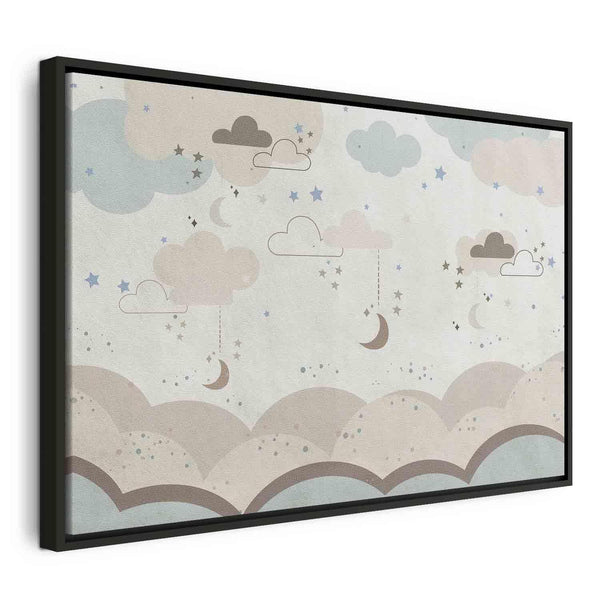 Quadro - Cloudy Night Sky - Moons in Brown and Beige Hues Among Clouds and Numerous Little Stars on a Light Background