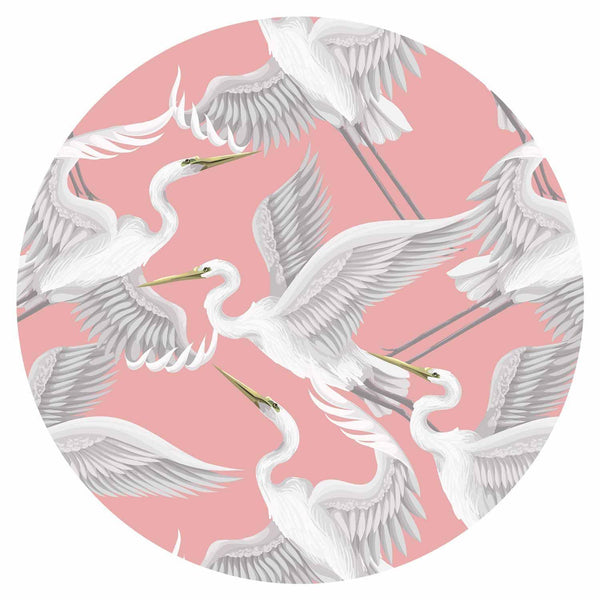 Carta da parati rotonda - Pastel birds – a delicate pattern of white and grey herons on a light pink background