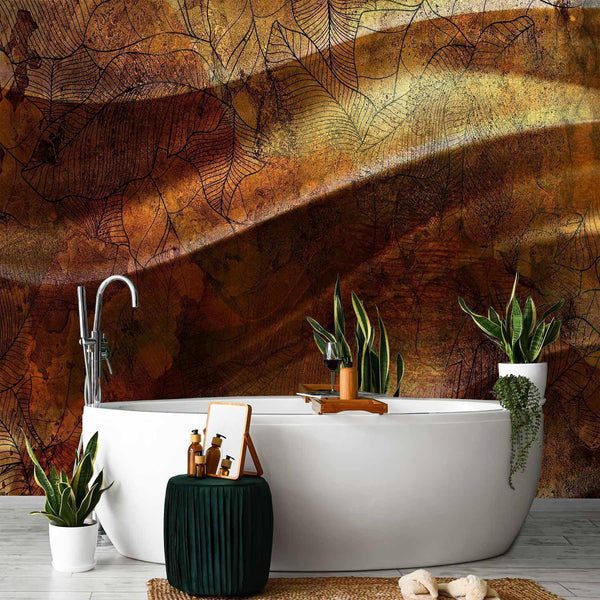 Carta da parati - Liquid gold - abstract wavy composition with leaf patterns