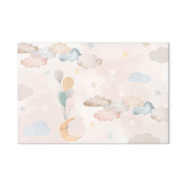 Quadro - Fairy-Tale Moon - Pastel Moon with Balloons Among Colorful Clouds and Stars in Subdued Colors on a Light Background
