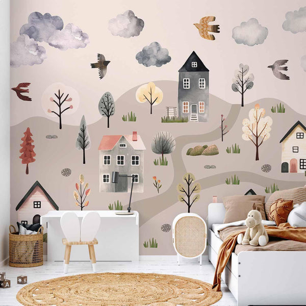 Carta da parati - Scandinavian Valley - Village in Pastel Colours Painted in Watercolours