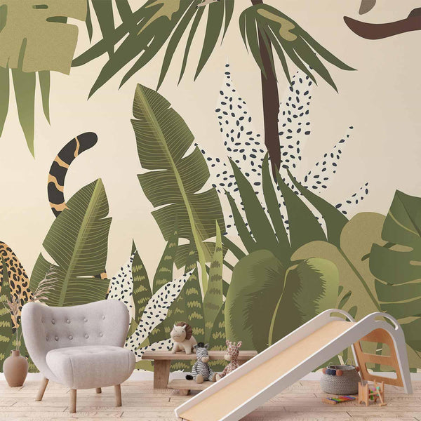 Carta da parati - Leaves and Shapes - Jungle in Faded Colours With Animals